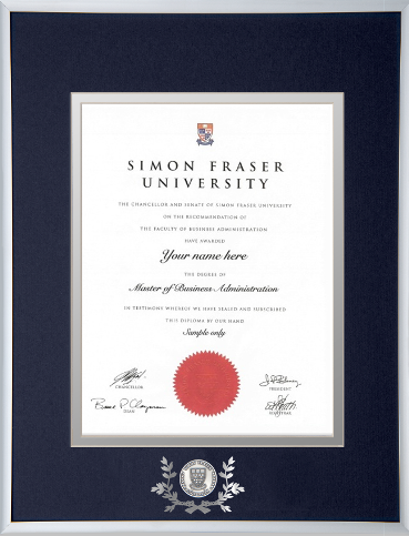 Satin silver metal diploma frame with SFU custom minted medallion and silver laurel leaf embossing.